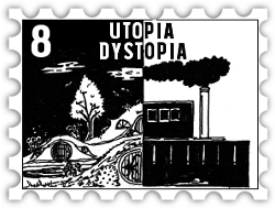 August 2020 Utopia-Dystopia SWG challenge stamp - left half white forest on black background, right half black factory on white background