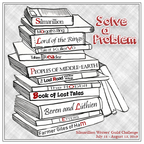 July 2019 SWG challenge Solve a Problem banner with a stack of Tolkien's books