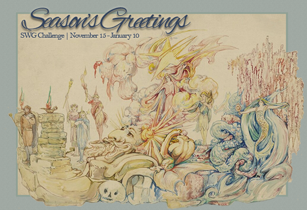 November-December 2019 SWG challenge Season's Greetings banner with various mythic figures associated with holidays