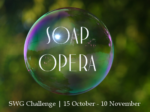October 2020 SWG challenge Soap Opera banner with a soap bubble against a green background