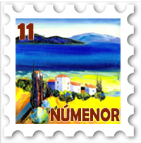 November December 2020 Postcards from Middle-earth SWG challenge stamp - painting of seaside town labeled Numenor