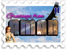 November December 2020 Postcards from Middle-earth SWG challenge stamp - vintage postcard with eagle and goddess against blue sky and text "Greetings from Aman"