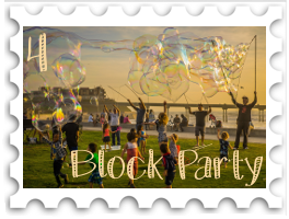 April 2020 Block Party SWG challenge stamp - people celebrating with large bubble wands