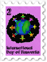 2020 International Day of Fanworks stamp with people standing in a circle around the Earth