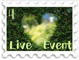 April 2020 Block Party SWG challenge stamp - heart-shaped hole trimmed in a hedge, text "Live Event"