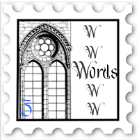 March 2021 Words of Wit and Wisdom SWG challenge stamp - black and white print of an ornate window, with "Words"