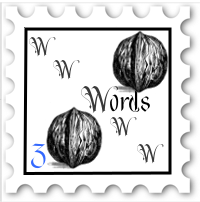 March 2021 Words of Wit and Wisdom stamp - black and white print of two walnuts in the upper right and lower left corners