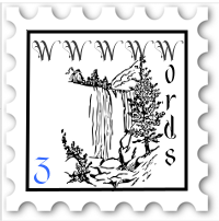 March 2021 Words of Wit and Wisdom SWG challenge stamp - black and white print of a waterfall, with a horizontal row of 5 w's, the last one the first letter of "Words"