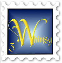 March 2021 Words of Wit and Wisdom SWG challenge stamp - the word "Whimsy" in gold on a blue background