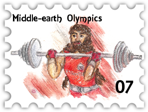 July 2021 SWG Middle-earth Olympics challenge creator stamp - a dwarf weightlifter dressed in red