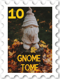 October 2021 SWG Challenge The Gnome Tome stamp - a garden gnome standing on a stump surrounded by colorful fallen leaves with the words "Gnome Tome"