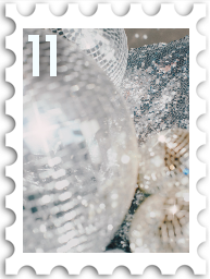 November/December 2021 SWG Challenge Holiday Party stamp - a mini disco ball against a background of silver sparkles and other mini disco balls