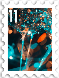 November/December 2021 SWG Challenge Holiday Party stamp - blue/silvery sparkles with orange/red lights in the background