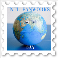 International Fanworks Day 2022 stamp - globe with googly eyes centered on central Asia, text above and below reads Intl. Fanworks Day 