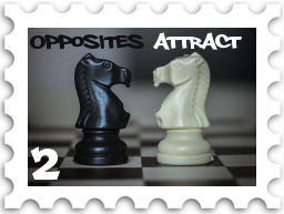 February 2022 SWG Opposites Attract Challenge 5 Commenter stamp - black knight and white knight chess pieces directly opposite each other