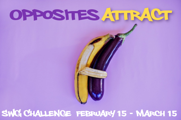 A banana hugging an eggplant against a light purple background, with the text "Opposites Attract - SWG Challenge February 15-March 15"
