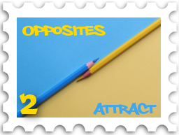 February 2022 SWG Opposites Attract Challenge Creator stamp - a blue colored pencil and a yellow colored pencil diagonally through the middle, splitting a background of blue and yellow