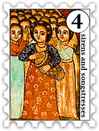 April 2019 Sirens and Songstresses SWG challenge stamp - painting from Narga Selassie monastery of a woman playing a drum, with a group of women behind her