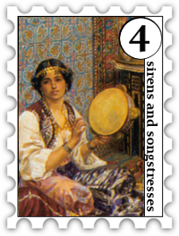 April 2019 Sirens and Songstresses SWG challenge stamp - detail from a Giulio Rosati painting of a woman playing a tamborine in front of a tiled wall