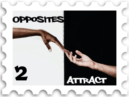 February 2022 SWG Opposites Attract Challenge Artwork stamp - a Black hand (which may be female or possibly elven or ainurin) reaching down to take an upturned white hand (which may be male or possibly Mannish or Dwarvish) against a background evenly split between black and white