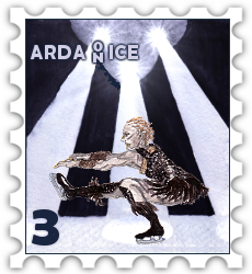 March 2022 Arda on Ice SWG challenge stamp - drawing of an orc in a black leotard doing a sit spin