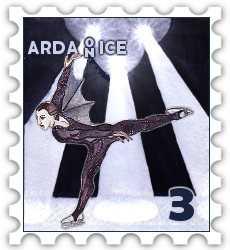 March 2022 Arda on Ice SWG challenge stamp - drawing of dark haired person in a sparkly dark colored bodysuit with bat wings doing an arabesque spiral