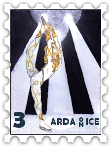 March 2022 Arda on Ice SWG challenge stamp - drawing of a blonde elf in a white body suit with his back foot above his head in a Beillmann spin