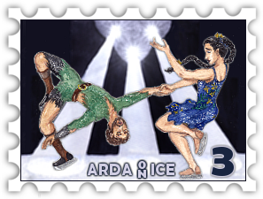 March 2022 Arda on Ice SWG challenge stamp - drawing of a dark haired man in a green and black woodsman style unitard being spun in a death spiral by a dark haired woman in a sparly blue skirted skating outfit 