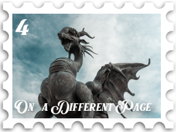 April 2022 On A Different Page SWG challenge stamp - A statue of a large dragon against a blue sky with white clouds