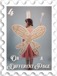 April 2022 On A Different Page SWG challenge stamp - A young girl wearing cardboard fairy wings and a homemade paper crown, wielding a wand