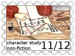 November/December 2017 30-Day Character Study SWG Challenge stamp - color illustration of an a person's workspace as they work on a manuscript including a diagram; only the hands and work area including drafting tools, pen, and ink are visible