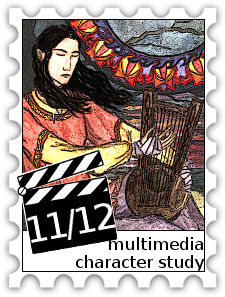 November/December 2017 30-Day Character Study SWG Challenge stamp - color illustration of an elf playing a string instrument against a colorful background; a film production clapboard in front of him has the numbers 11/12 for the months