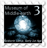 March 2018 Middle-earth Museum SWG challenge stamp - photo of glowing round lamp with metal work labelled "Ñoldorin lamp, early 1st Age"