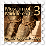 March 2018 Middle-earth Museum SWG challenge stamp - photo of a pair of hand-made shoes labelled "Fish-skin boots, 3rd Age"