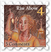 April 2018 Rise Above SWG challenge stamp - Drawing of a light-haired woman who might be an elf or Man examining an object in a lab with labratory glassware in the background