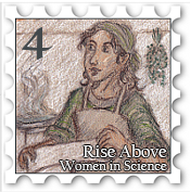 April 2018 Rise Above SWG challenge stamp - Drawing of a scientist at work in her lab with her hair tied back and wearing a protective apron