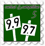 May 2018 Competition SWG challenge stamp - White silhouette of judge's scorecards showing 9.9 and 9.7 on a dark green background with the words "Contest & Competition"