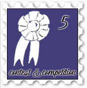 May 2018 Competition SWG challenge stamp - White silhouette of a winner's ribbon on a blue background with the words "Contest & Competition"