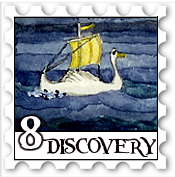 August 2018 Discover SWG challenge stamp - Watercolor of a swan ship at sea with a bright yellow sail and pennant
