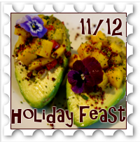November/December 2018 Holiday Feast SWG Challenge stamp - photo of advocados stuffed with fruit and herbs, topped with edible flowers