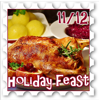 November/December 2018 Holiday Feast SWG Challenge stamp - Roast fowl ready to carve, with dumplings and red cabbage in the background
