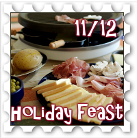 November/December 2018 Holiday Feast SWG Challenge stamp - selection of meats and cheeses for grilling, with a grill in the background