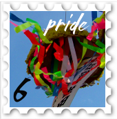 June 2019 Pride SWG Challenge Stamp - underside view of a piñata breaking , with rainbow colored streamers