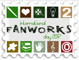 February 2017 SWG IFD stamp - Icons representing different forms of fanworks/fan creativity and the words "International Fanworks Day 2017"