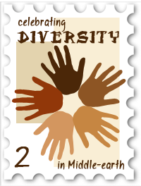 February 2017 Revolution SWG challenge stamp - A circle of handprints in various skintones and the slogan "Celebrating Diversity in Middle-earth"