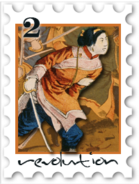 February 2017 Revolution SWG challenge stamp - An east Asian person striding determinedly, carrying a sword