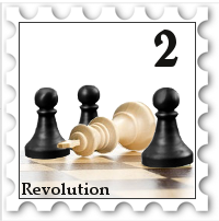 February 2017 Revolution SWG challenge stamp - photo of chess pieces; three black pawns surround a toppled white king