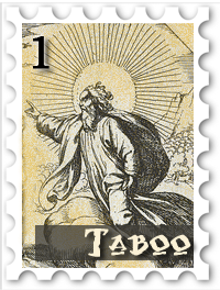 January 2017 Taboo SWG challenge stamp - woodcut against a yellow background showing a beared figure who may be a god or prophet