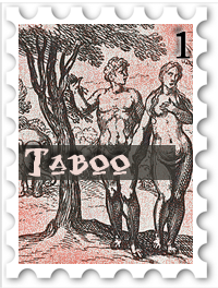 January 2017 Taboo SWG challenge stamp - woodcut against a reddish background showing Adam and Eve near the tree