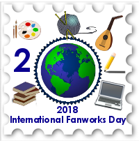 February 2018 SWG International Fanworks Day stamp - a graphic of earth surrounded by a ball of yarn with knitting needles, gitar, pencil, laptop, books, and paint brushes with palette